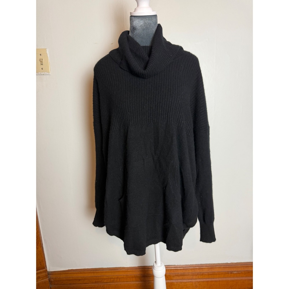Max Studio Cashmere Sweater Black Cowl Neck Tunic Pockets Ribbed quiet luxury M